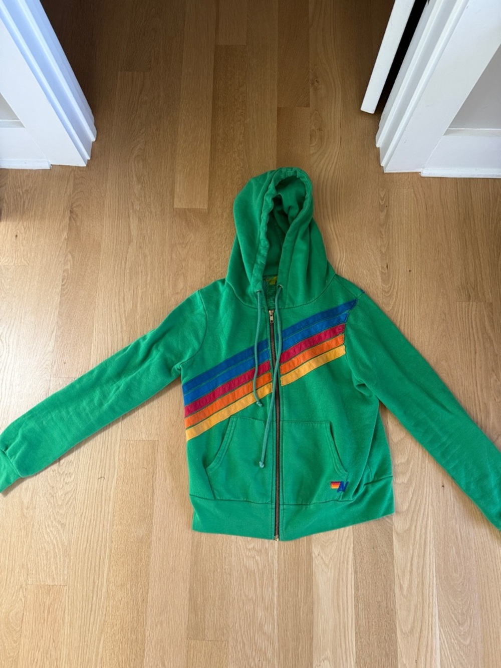 Aviator Nation Green Zip Hoodie with Rainbow Stripes